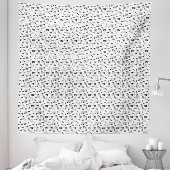 Astrology Tapestry, Zodiac Prediction of Future Aries Aquarius Cancer Gemini Taurus, Fabric Wall Hanging Decor for Bedroom Living Room Dorm, 5 Sizes, Black Grey White, by Ambesonne