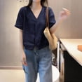 thumbnail image 3 of TKLPEHG Summer Beach Tops for Women Soft Solid Color Cotton Linen T Shirt for Ladies Spring Short Sleeve V Neck Blouse (Navy,XXL), 3 of 4