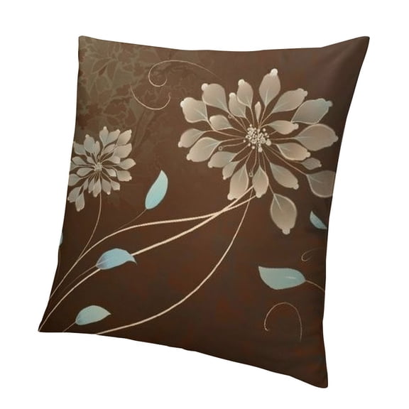 BANET Brown and Blue Pillow Cushion Cover, Floral Design with Swirl Lines Falling Leaves Autumn Inspired, Decorative Square Accent Pillow Case White