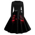 thumbnail image 2 of Halloween Dresses for Women Skeleton Castle Crew Neck Hepburn Cocktail Vintage Dresses Long Sleeve 1950s Retro Classic Tea Length Dress with Belt XL, 2 of 7