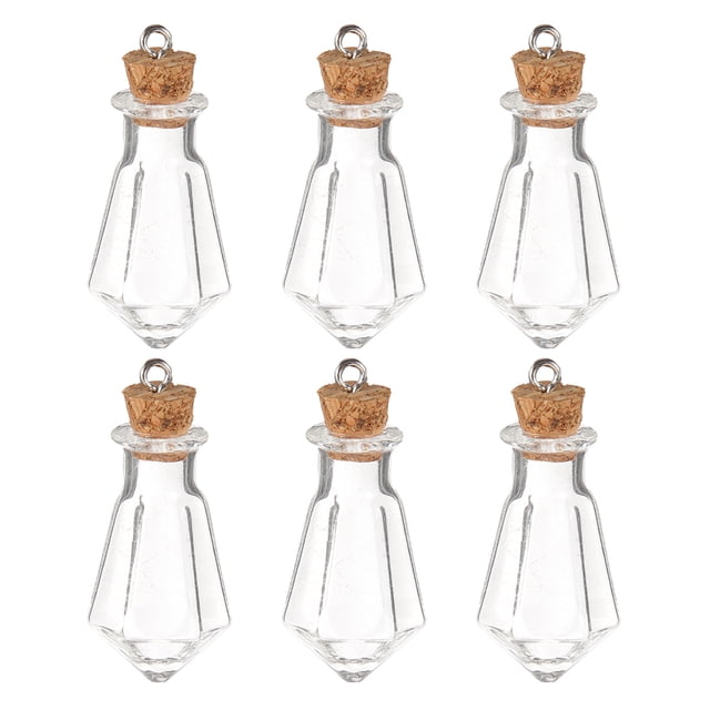 Shisuyan 6PCS Mini Glass Bottles Message Treasure Charm Pendant Kit Clear Vials with Corks Miniature Empty Sample Jars