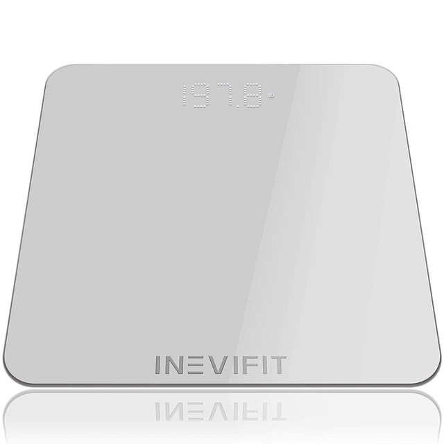 Bascula de Baño INEVIFIT Digital de Alta Precisión 11.8x11.8pulg Libras y Kilogramos 400lbs Plateado INEVIFIT I-BS002S