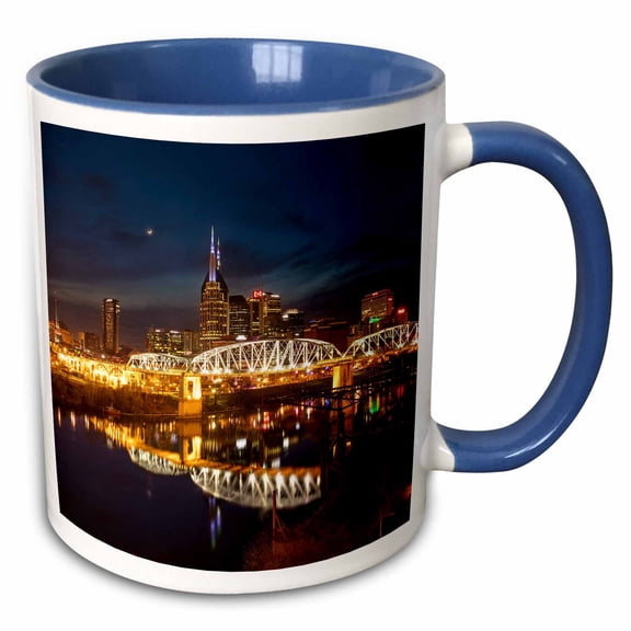 3drose, Twilight Over Cumberland River and the Skyline of Nashville, Tennessee, 15oz Two-tone Blue Mug