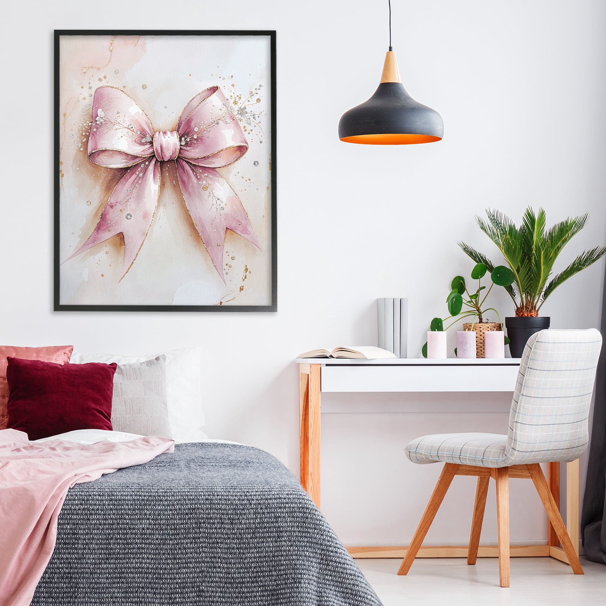 Stupell Industries Glamorous Blush Pink Bow Black Framed Giclee Art, design by Nataly White