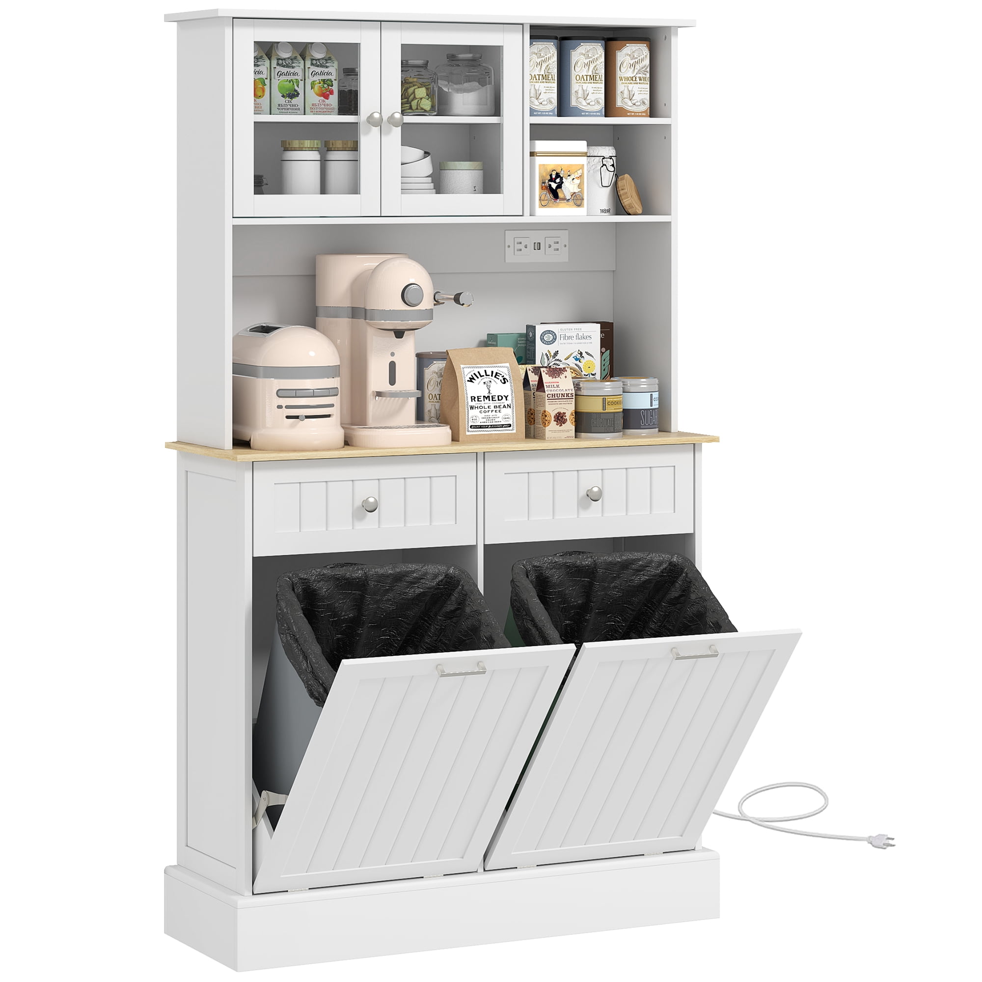 HOMCOM 68" Kitchen Pantry Cabinet with Charging Station, 2 Tilt Out Trash Cabinets and Microwave Stand, Modern Storage Cabinet, White