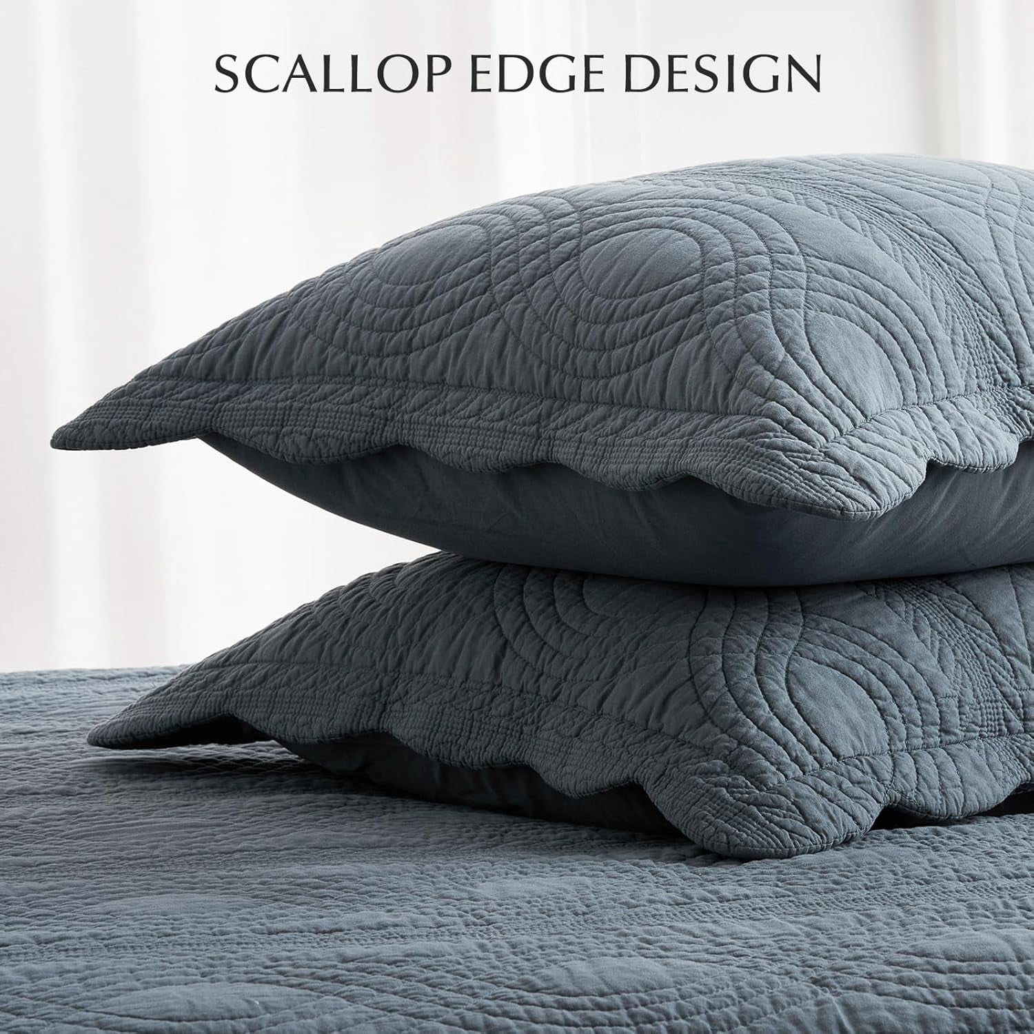 EVERGRACE 100% Cotton Scallop Quilt Set, King Size 3 Piece Set – Lightweight Bedspread with 2 Shams, Soft Prewashed Matelasse Coverlet for Cozy and Elegant Bedding, Stormy Blue