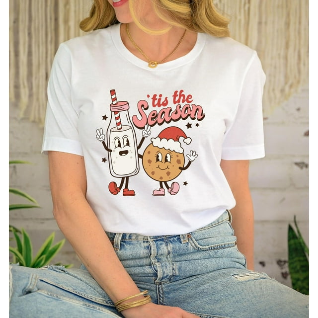 BAYCREWS T-Shirt de Noël Tis The Season : Lait et Biscuits Tee de Fête
