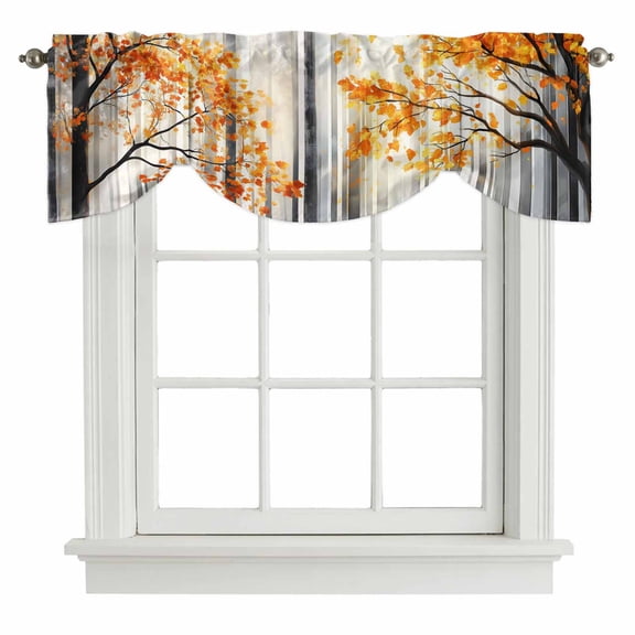 Red Yellow Leaves Fall Tie Up Valance Curtains for Windows, Kitchen Curtains Window Treatments, Silhouettes Forest Modern Art Short Window Shades Valances for Bedroom Bathroom Cafe 42"x18"