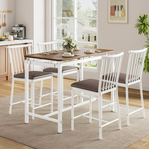 PORKISS Counter Height Dining Set for 4, Breakfast Bar Table Set with Table and 4 Leather Cushion Chairs, Wood Top Pub Table & Chair Set for Kitchen Apartment Bistro, Brown+White