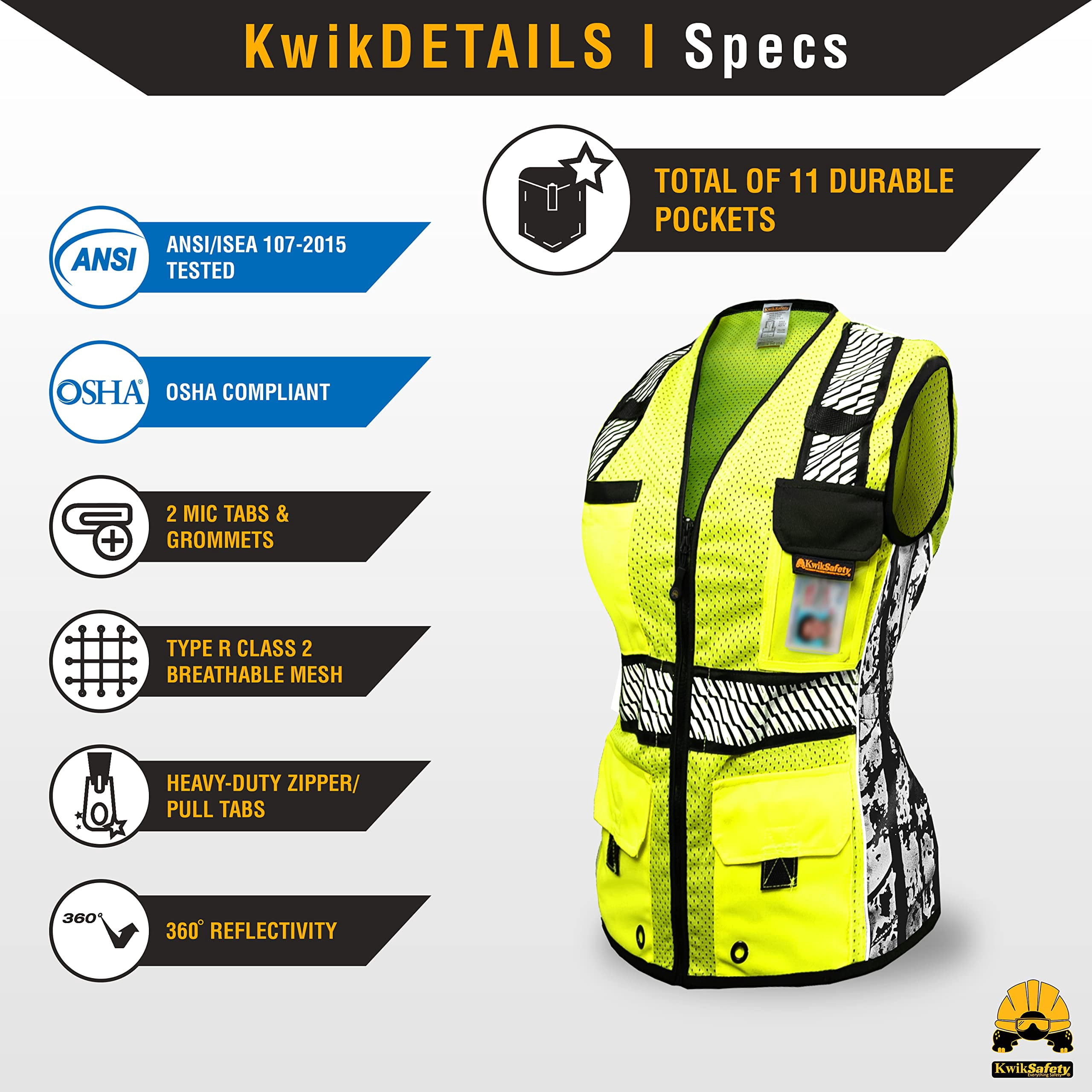KwikSafety (Charlotte, NC) RoadBOSS Premium Safety Vest for Women (Limited Edition Truck Tread Design) 11 Pockets Class 2 Custom High Visibility ANSI OSHA Reflective Construction | Yellow Medium