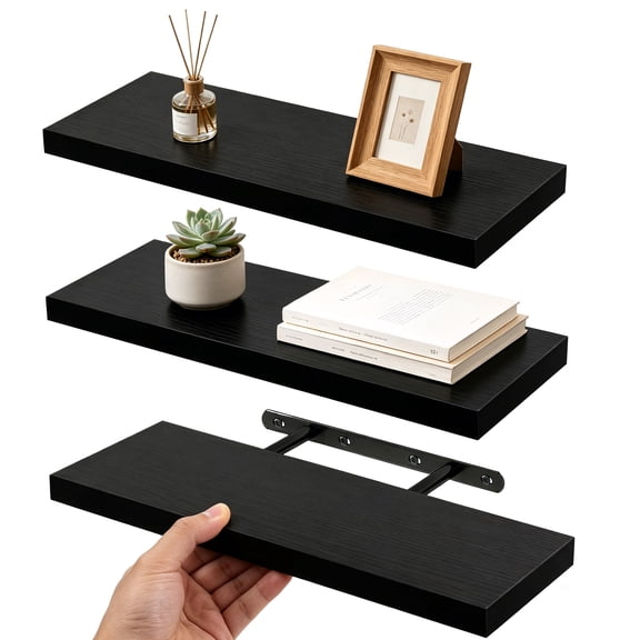 Topsome 15.7inch 3 Pack Floating Shelves for Wall,Wall Mounted Wood Shelves, Hanging Float Shelf for Bedroom, Living Room, Bathroom, Kitchen, Set of 3, Black