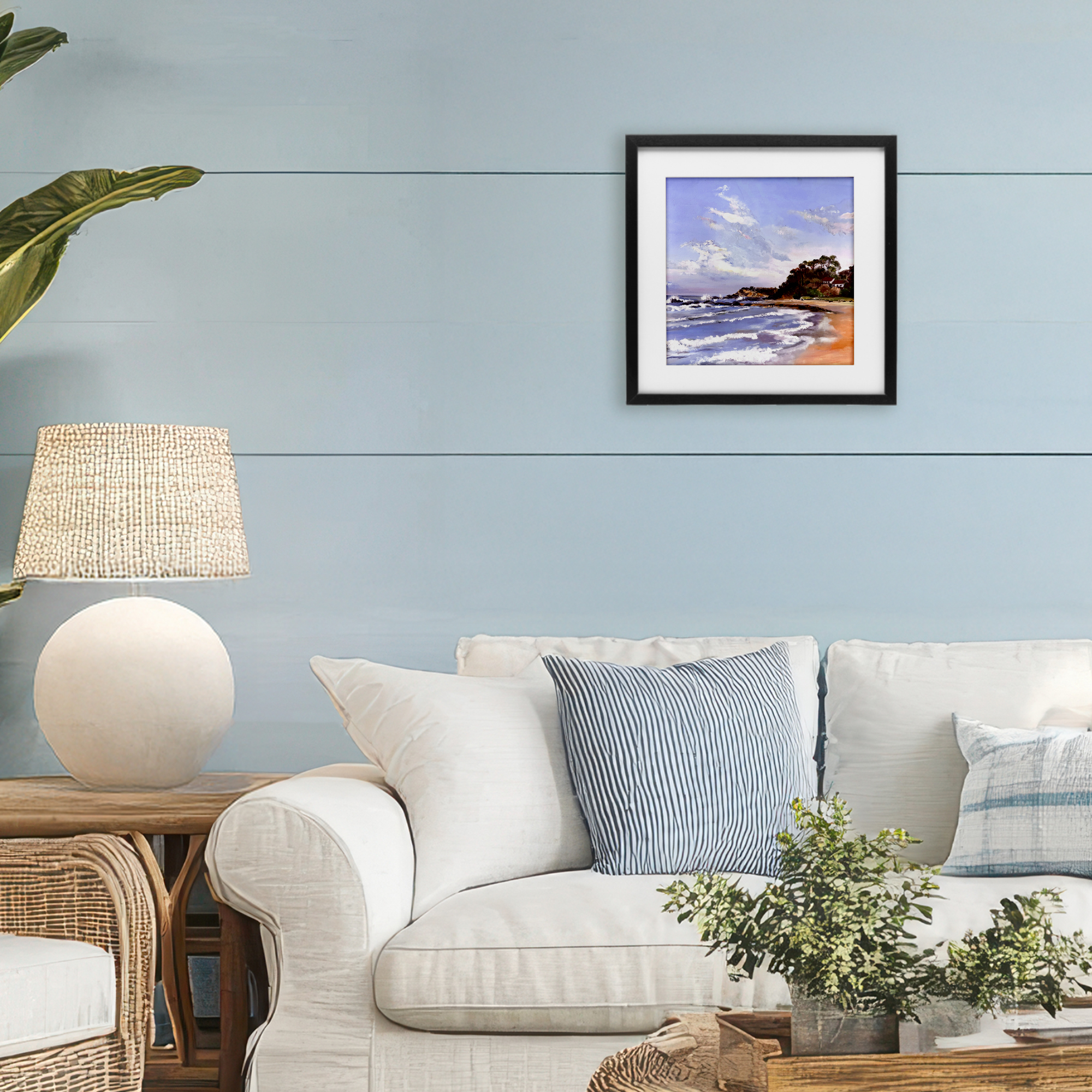 Malua Bay Seascape Black Framed Print Under Glass, design by Patricia Reynolds