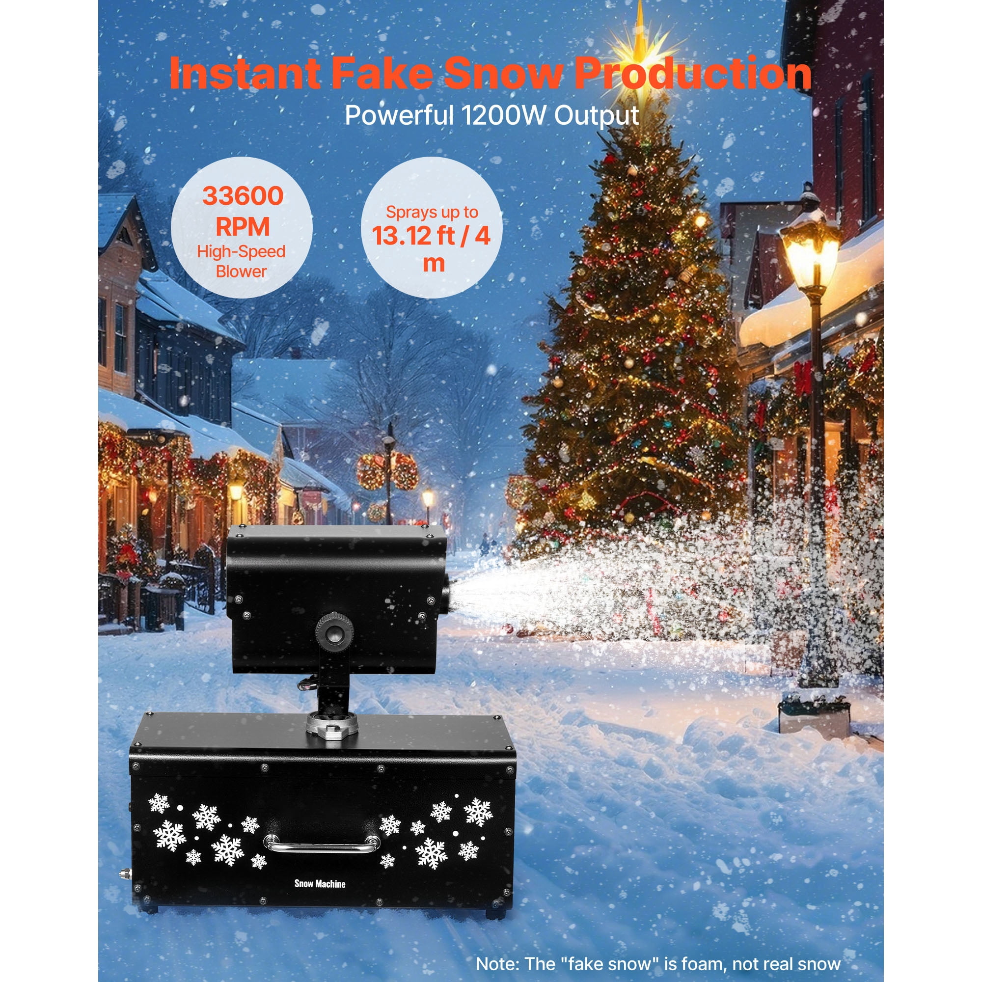 KFFKFF 1200W Snow Machine Oscillating Snowflake Effect Machine for Holiday Events & Weddings SPCC Cold‑Rolled Steel 15.75"×10.24"×14.96" Black