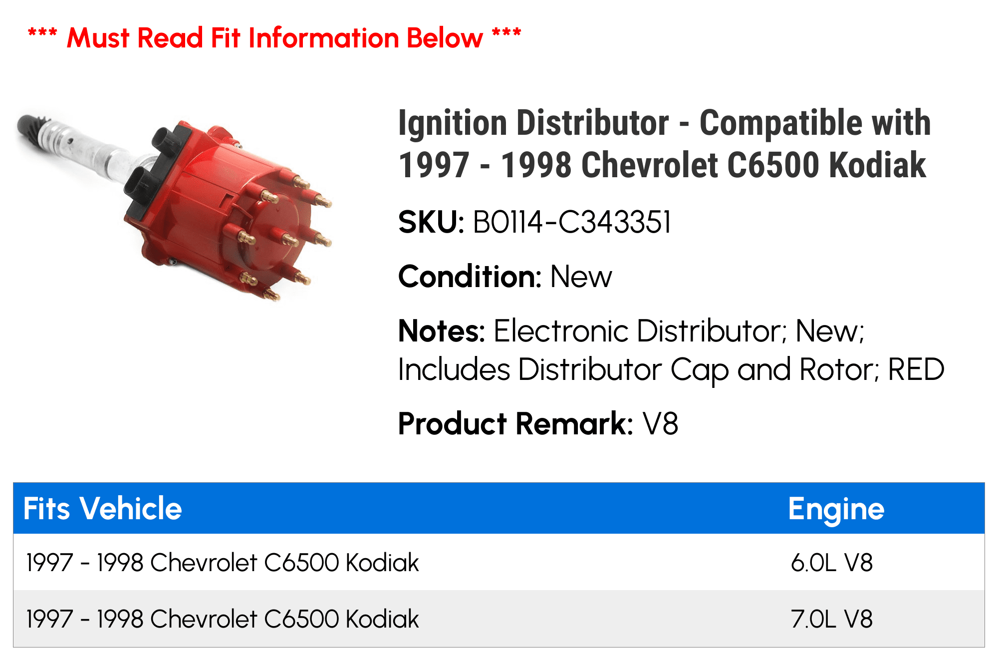 Ignition Distributor - Compatible with 1997 - 1998 Chevy C6500 Kodiak