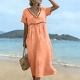 thumbnail image 4 of Kilaqueen Women's Lace Trim V-Neck Midi Dress Short Sleeve High Waist Casual Elegant Flowy Dress Boho Beach Eyelet Long Dresses, 4 of 7