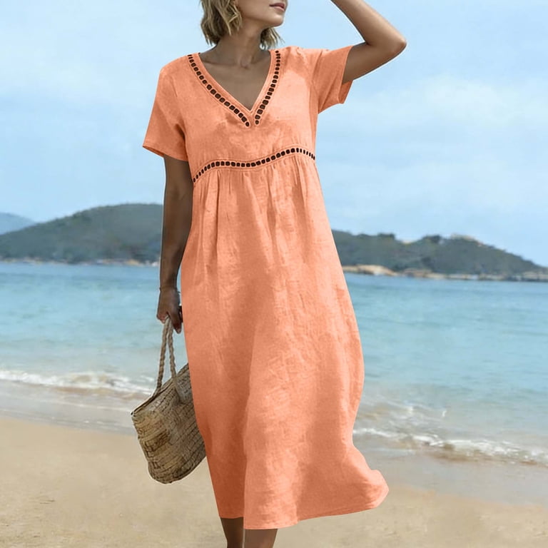 orange flowy dresses Sahpxhe Dresses for Women Cotton Short Sleeve V-Neck Midi Dress Hollow Out  Eyelet Flowy Beach Vacation Summer Tunic Dress Orange XXXL