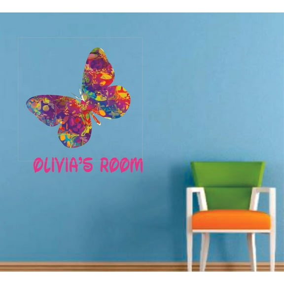 Beautiful Butterfly Colorful Cartoon Customized Wall Decal - Custom Vinyl Wall Art - Personalized Name - Baby Girls Boys Kids Bedroom Wall Decal Room Decor Wall Stickers Decoration Size (27x30 inch)