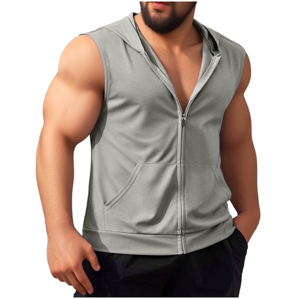 pstuiky Camisetas sin mangas para hombre, Camiseta deportiva informal de moda para hombre, con bolsillos, capucha y cremallera, sin mangas Camisas de hombre l