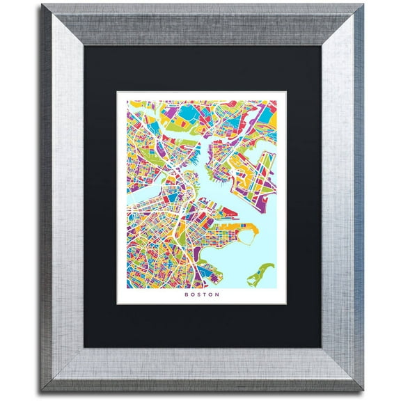 Trademark Fine Art "Boston MA Street Map 2" Canvas Art by Michael Tompsett, Black Matte, Silver Frame
