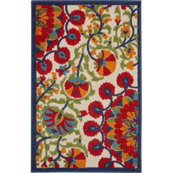 homeroots outdoor 384994 3’ x 4' Red and Multicolor Indoor Outdoor Area Rug
