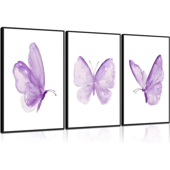 3Pcs Butterfly Canvas Wall Art Purple Butterfly Posters Pictures Minimalist Cute Animal Paintings Aesthetic Preppy Room Prints for Girls Bedroom Nursery Home Wall Decor Gift d