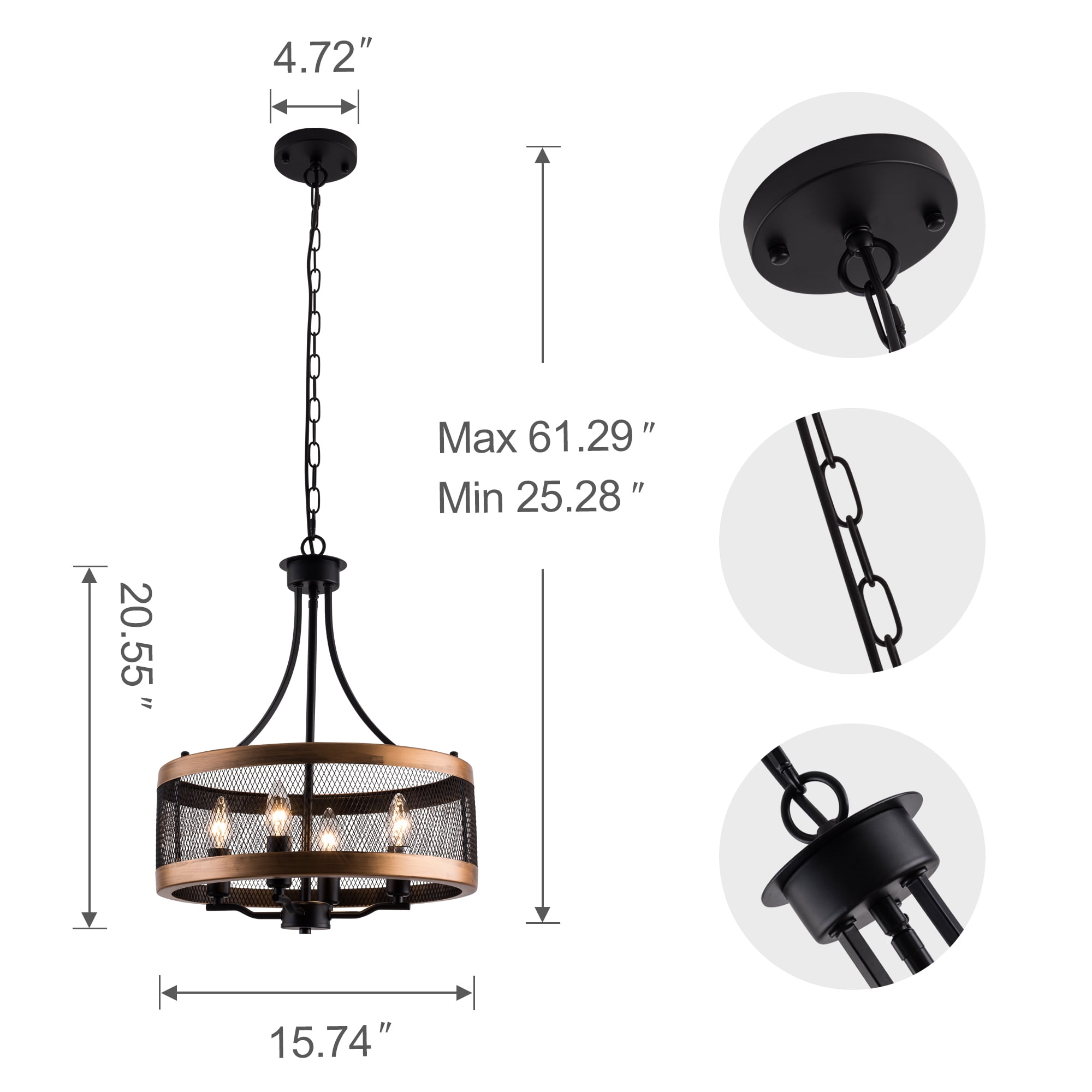 US HOME GOODS 4-Light Black Farmhouse Chandelier for Living Room, Rustic Industrial Flush Mount Ceiling Light Fixture, Metal Drum Pendant Lighting for Bedroom Hallway Kitchen Dining Room Foyer