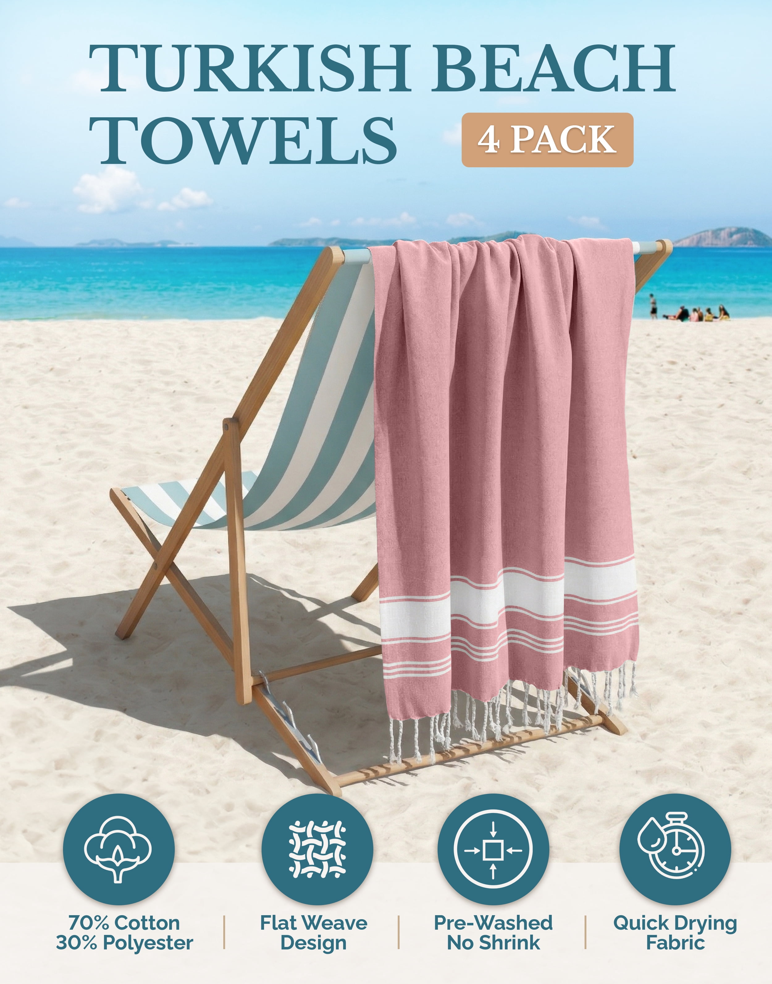 Casa Platino Hammam Cotton Beach Towels 4 Pack – Oversized, Quick Dry, Perfect for Adults Seeking Style and Comfort on Travel – Cashmere Rose