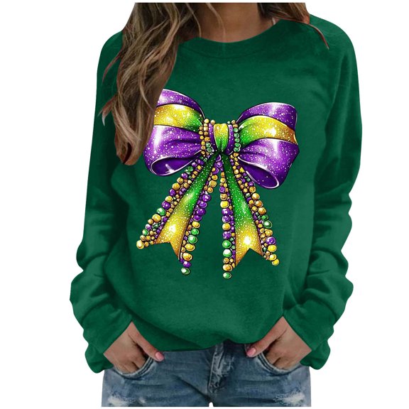 Sexlip Womens Long Sleeve Sweatshirt Decorative Bow Print Design Soft Fabric Relaxed Silhouette for Evening Occasions Green XL