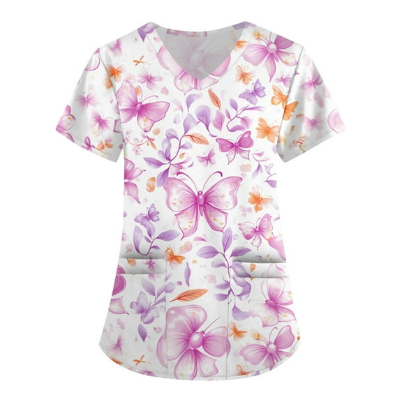 Scrubs Top for Women Floral Print Loose Fit Graphic Short Sleeve Nurse Uniforms V-Neck Nursing Top Plus Size Workwear