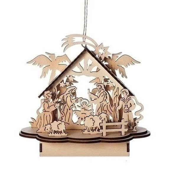 Holiday Ornament Laser Nativity Wood Led Holy Family Creche 131992