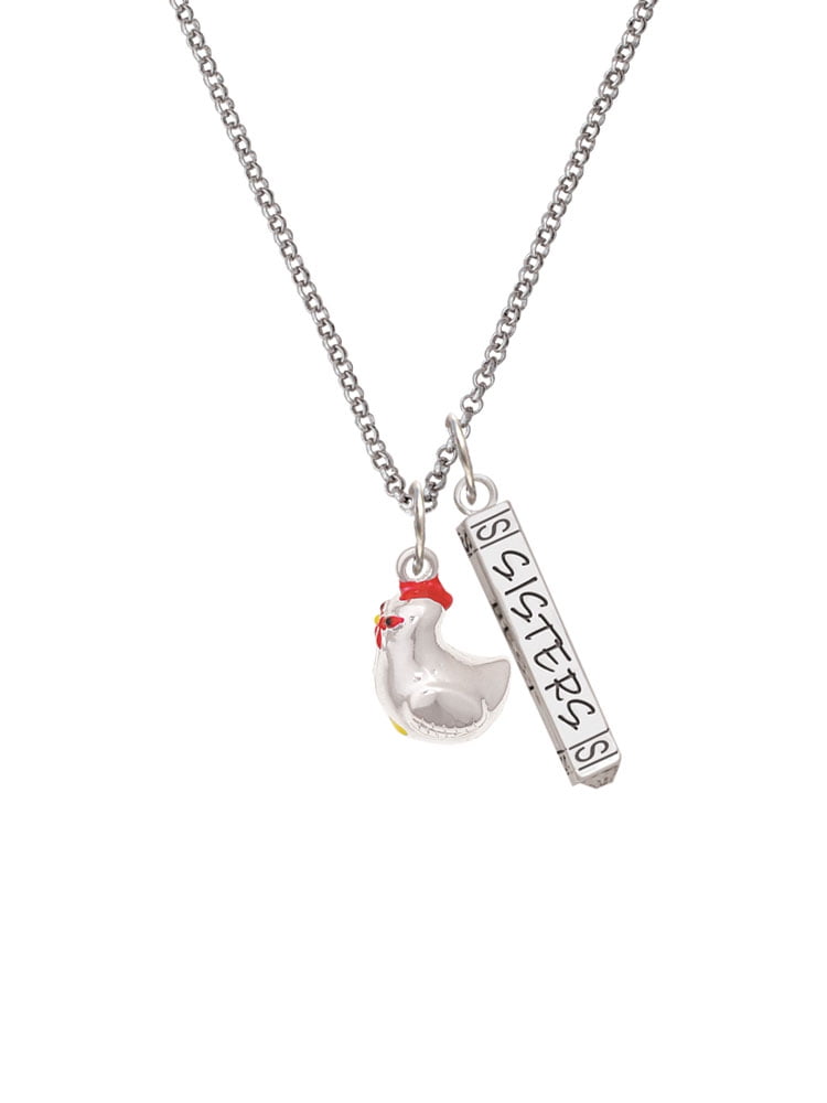 Delight Jewelry Silvertone Chicken 3-D Silvertone Sisters Best Friends Forever Bar Charm Necklace, 23"