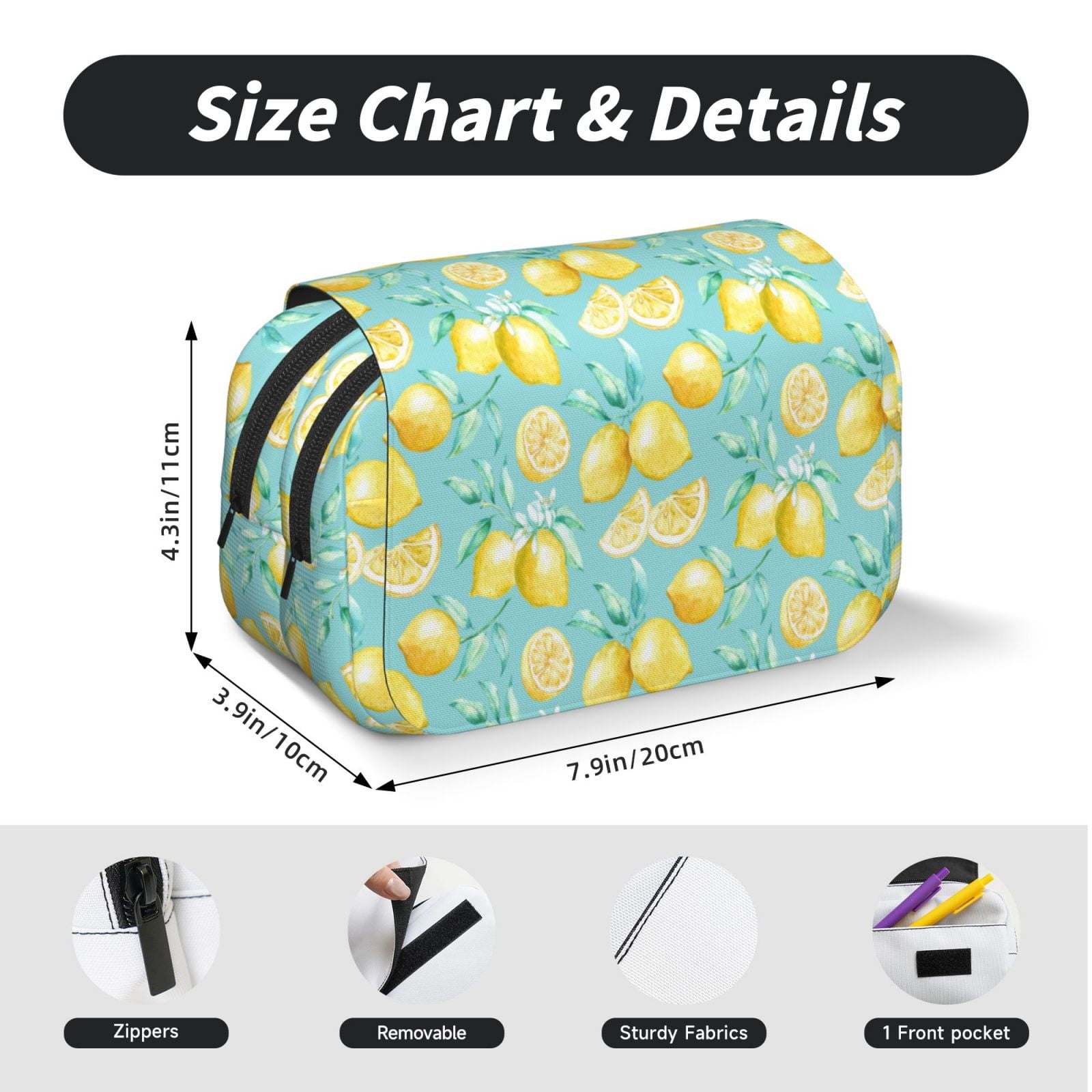 Rateoe Yellow Lemon Pattern Double Clamshell Pen Case, Storage Organizer with Two Zipper Compartments– Holds Up to 50 Pencils & Pens