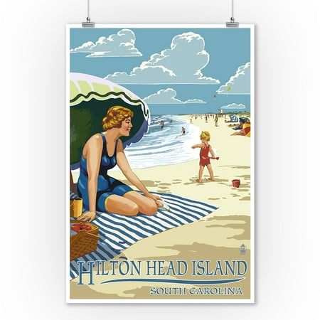 Hilton Head Wall Art Hilton Head Island, South Carolina - Woman on Beach - Lantern Press Artwork (9x12 Art Print, Wall Decor Travel Poster) ()