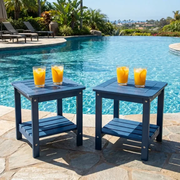 DEAUL 2 Tier Adirondack HDPE Outdoor Side Table, Square All Weather Patio End Table for Deck Garden Pool, Easy Assembly, (2 Pcs, Blue)