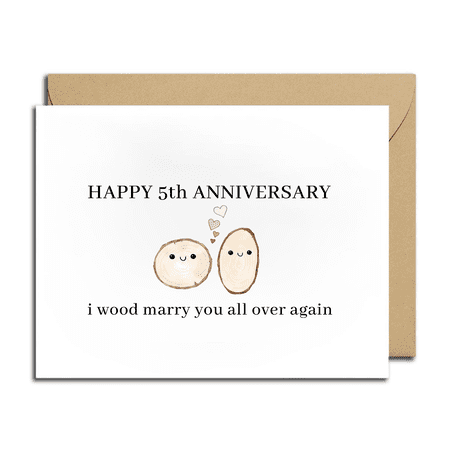 Happy 5th Anniversary Card – I Wood Marry You All Over Again – Cute Wood Slice Design – Includes Envelope – Perfect for Wedding Anniversaries