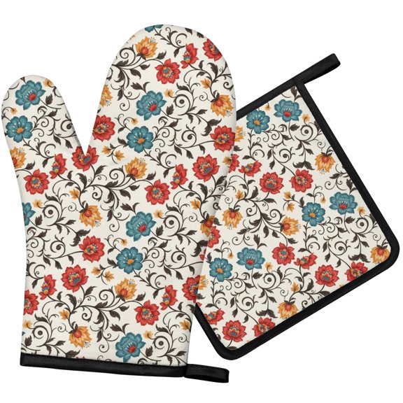 Pioneer Flower Floral Print Pattern 1-Pack Oven Mitts Set, Heat Resistant Kitchen Gloves, 7.7" X 12"
