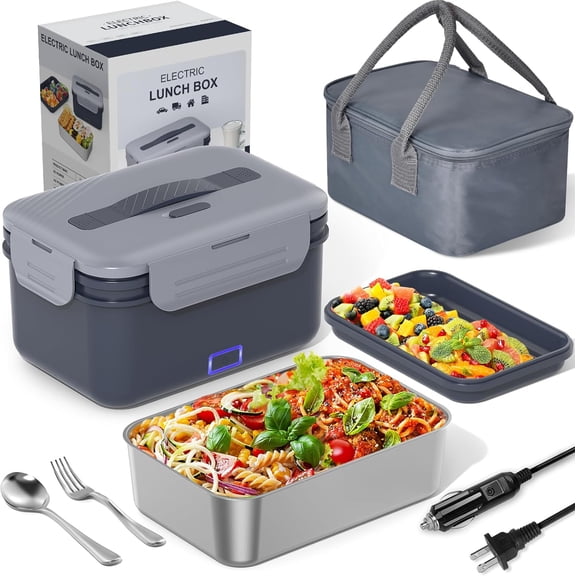 Carsolt Electric Lunch Box Food Heater Upgrade 3 in 1 Portable Food Warmer 100W Leakproof Heated Lunch Box for Adults Car/Truck/Office with 1.8L SS Container Fork Spoon Carry Bag, 12V/24V/110V, Grey