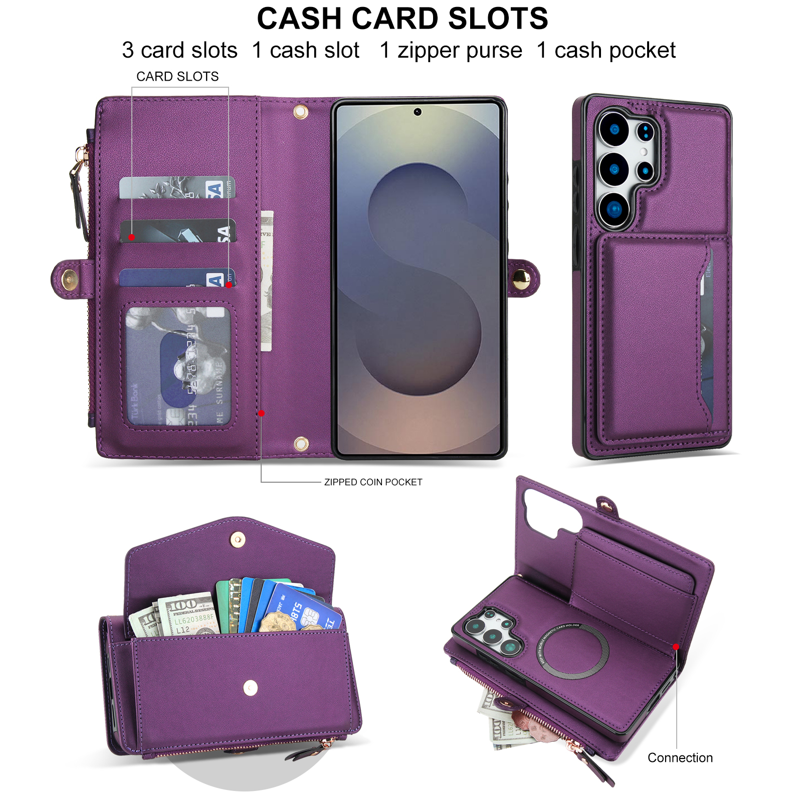 Designed for Samsung Galaxy S24 Multi-Function Wallet Phone Case,With Shoulder Strap&Wrist Strap,Cash Pocket&Card Slots,Zipper Purse,Magnetic Detachable PU Leather Flip Phone Case,Purple