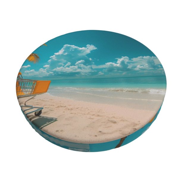 Disketp Shopping Cart On Tropical Beach Funda Redonda para Taburete, Funda de Cojín para Silla de Bar Suave y Elástica-14 inch