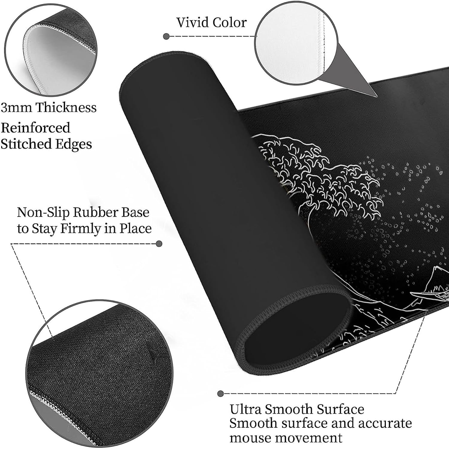 Japanese Sea Wave Mouse Pad XXL Extended Anime Black Gaming Mousepad Large Size Full Desktop Desk Pads Contour Lines Computer Mouse Mat Non-Slip Rubber Base(Size:35.4x15.7in)