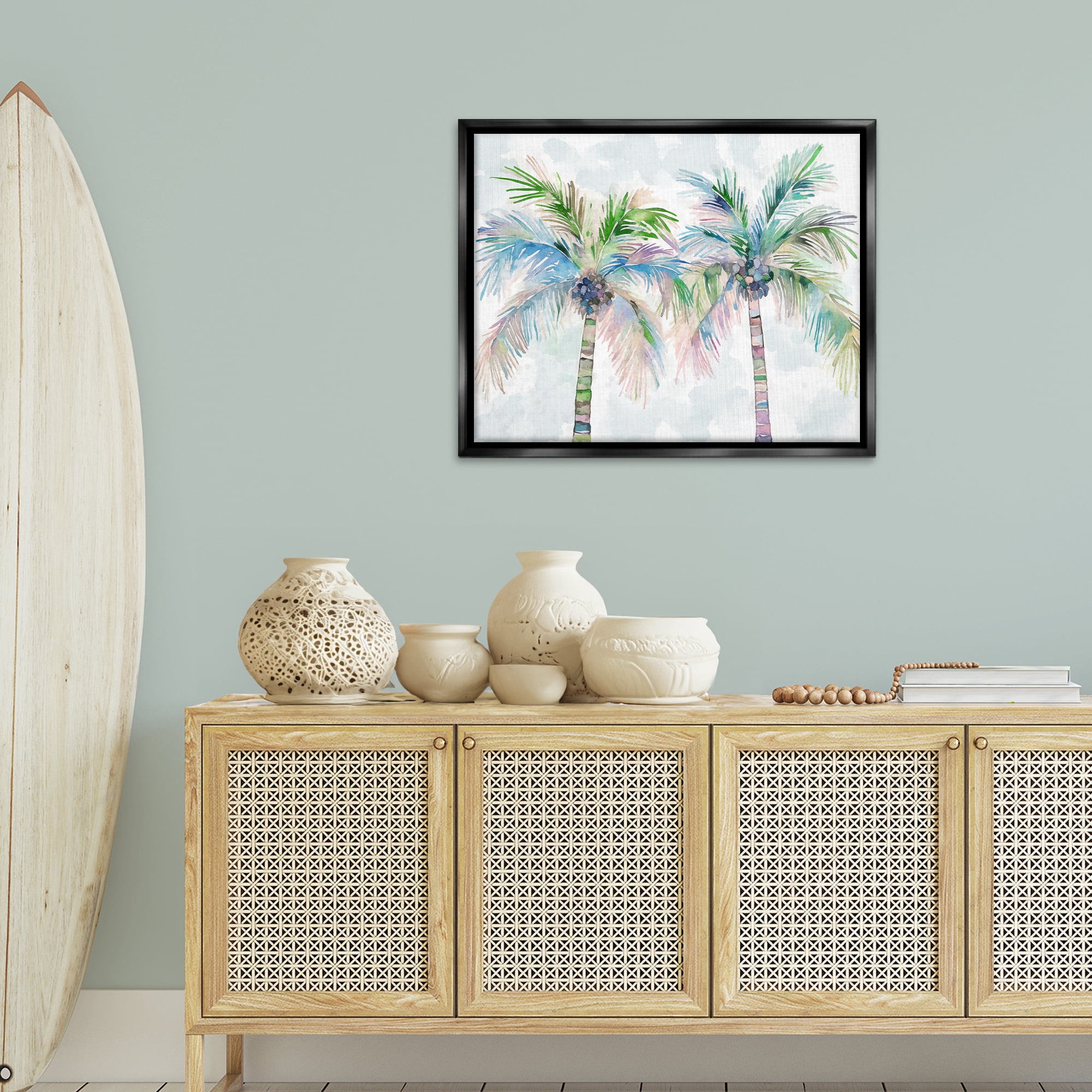 Stupell Industries Soft Palm Tree Pair Botanical & Floral Painting Black Floater Framed Canvas Art Print Wall Art, 31 x 25