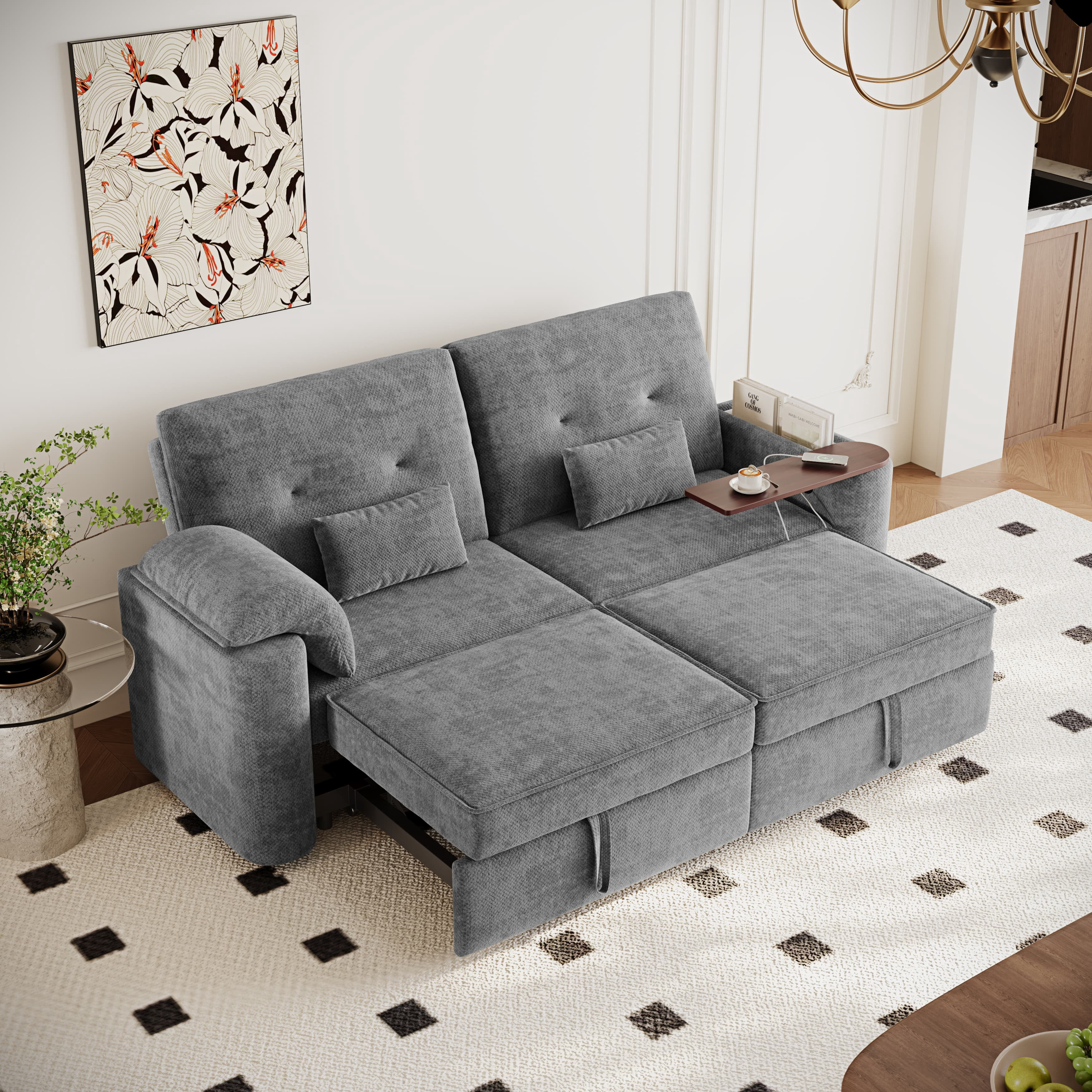 Aukfa 82" 3-in-1 Convertible Sleeper Sofa, Modern Chenille Queen Pull-Out Sofa Bed with USB/Type-C Ports & Rotating Side Table for Living Room & Apartment,Gray