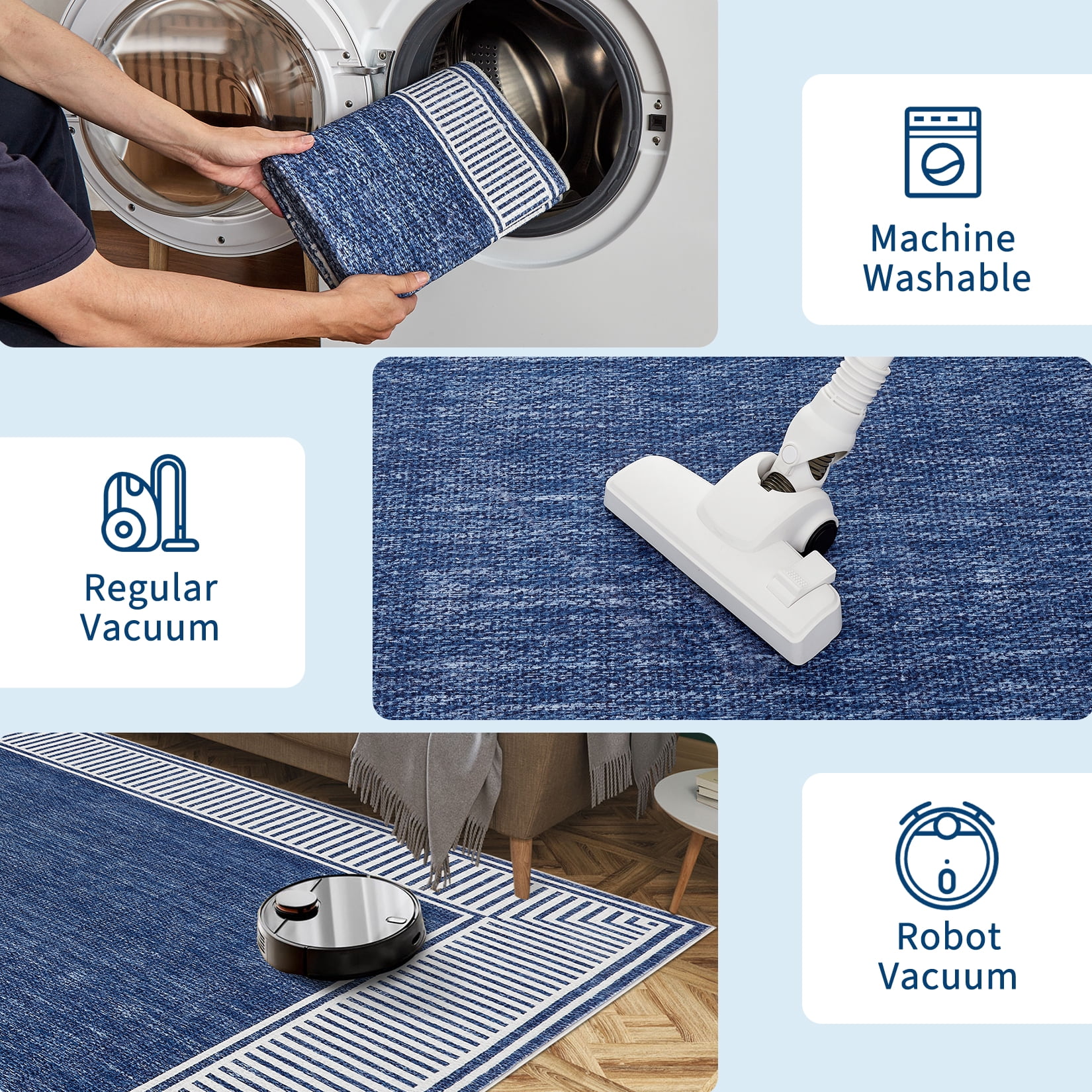 Garvee Indoor Bordered Area Rug, 5'x7' Modern Non Slip Rubber Backing Washable Rug Low Pile Striped Rugs Carpet for Bedroom Living Room Nursery Office, Blue