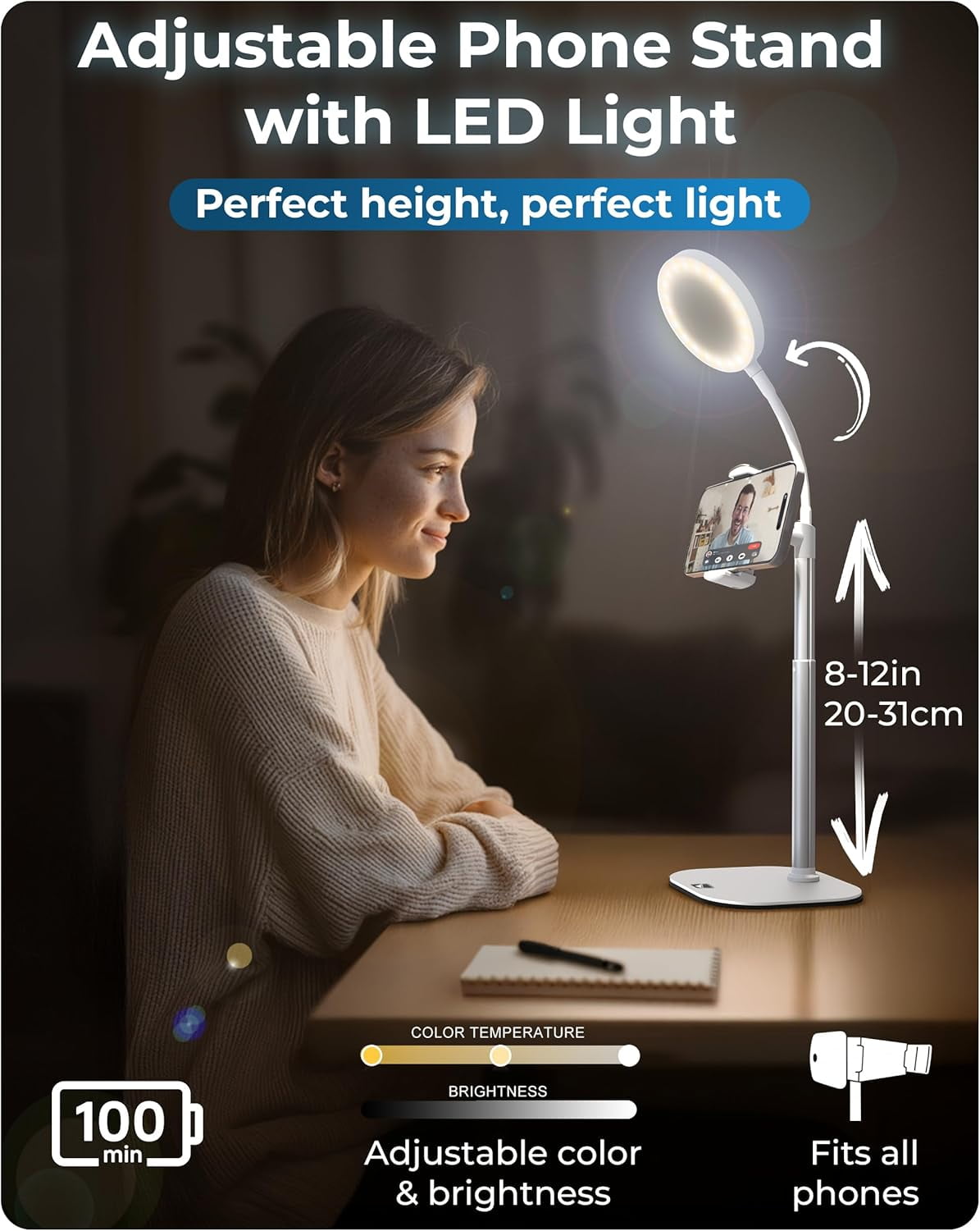 RGHJAR-Phone Stand for Recording with Light for Desk - ChatStand Halo 9-13" Adjustable, Portable Ring Light Tripod, iPhone Stand for Desk & Phone Holder for Video Recording, Filming, Zoom Calls (Fros