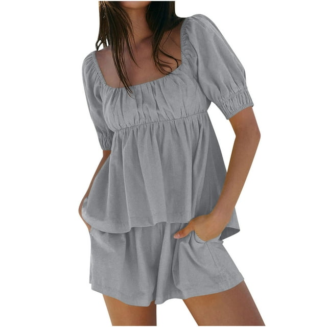 Linen Set for Women, Solid 2-Piece Summer Outfit with Square Neck Puff Sleeve Top and Matching Shorts, Elastic Waist, Side Pockets, Breathable Polyester Blend
