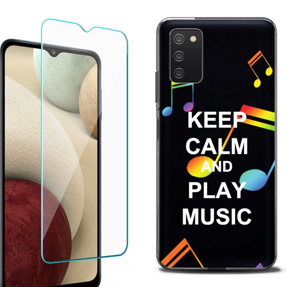 Slim-Fit Protective Fashion Phone Case (Black) for Samsung Galaxy A03s, with Tempered Glass Screen Protector, by OneToughShield ® - Keep Calm Music