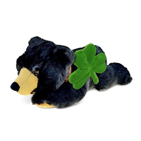 DolliBu Lying Wild Black Bear Stuffed Animal with Green Plush Shamrock Cute Green Shamrock Plush Fun St Patricks Day Stuffed Animal Bear Good Luck St Patricks Day Toys for Kids Baby - 10 Inches