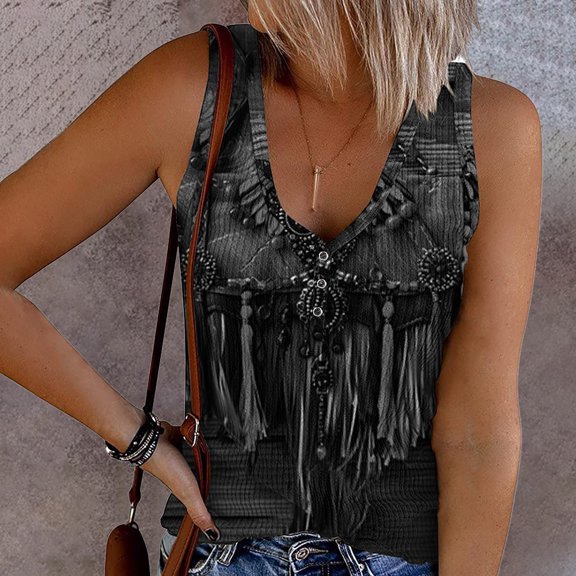 Sakmal V-Neck Tee Sleeveless Vintage Ethnic Shirts Black Spring Tops for Women