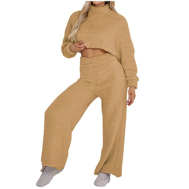 Conjunto de dos piezas para mujer, suave, sólido, de manga larga, cuello redondo, polar, cálido, otoño, Tops, pantalones largos de cintura alta, pantalones, traje informal Wmkox8yi bvn1830