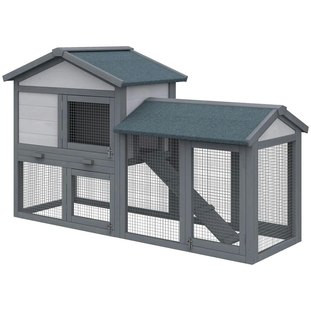 Topcobe 58" Rabbit Hutch, Wooden Bunny Hutch, Guinea Pig Cage with Run, Removable Tray, Asphalt Roof, Lockable Doors and Ramp, for 1-2 Small Rabbits, Outside Pet Shelter, Small Animal Habitat, Gray